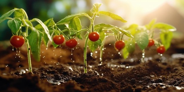 A group of tomato plants are growing in the dirt the plants are small and  have green leaves the tomatoes are ripe and ready to be picked | Premium  AI-generated image